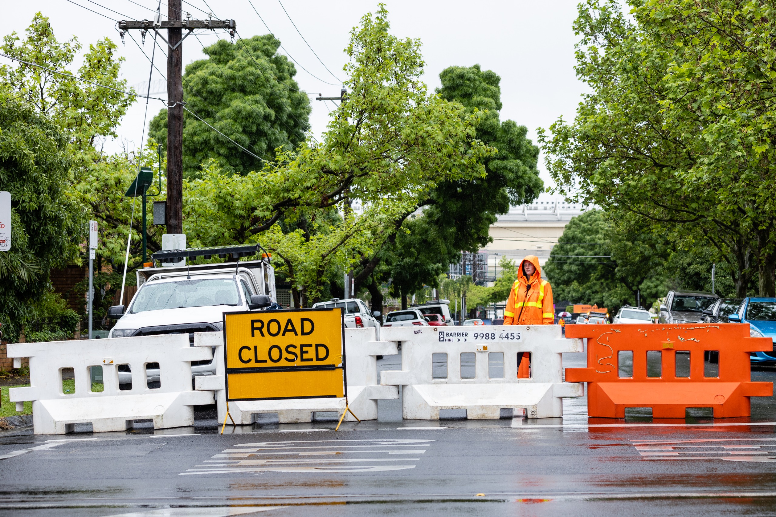 Road closed sign on street 