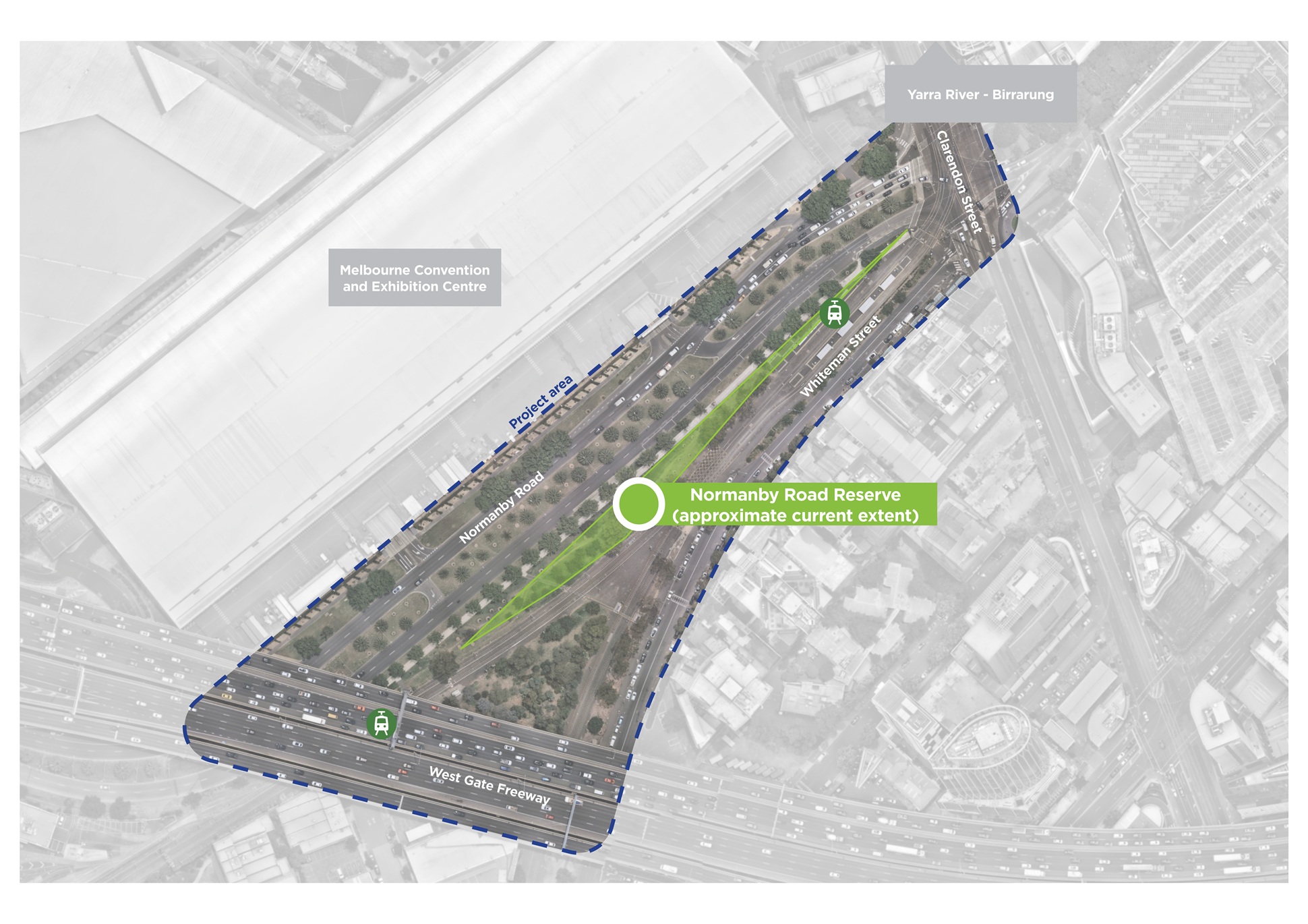Aerial map showing area of focus for the Expanding Normanby Road Reserve project. It's bordered by the Melbourne Convention and Exhibition Centre, West Gate Freeway, Whiteman Street and Clarendon Street. 