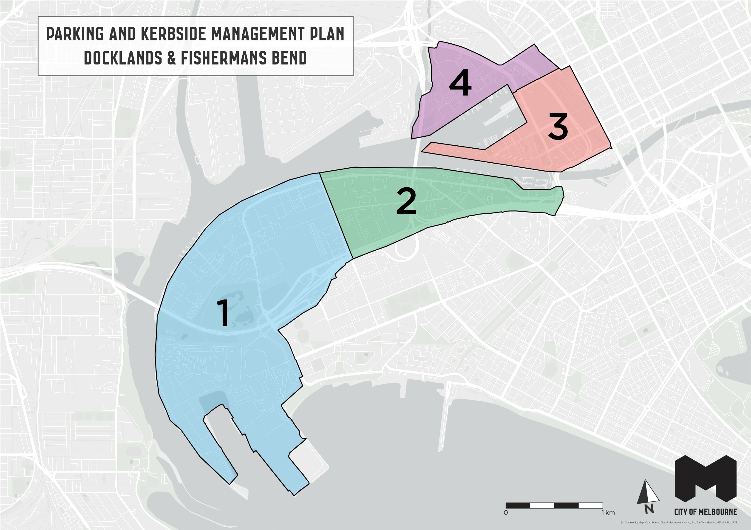 Map showing location of parking improvement areas for Docklands and Fishermans Bend. 