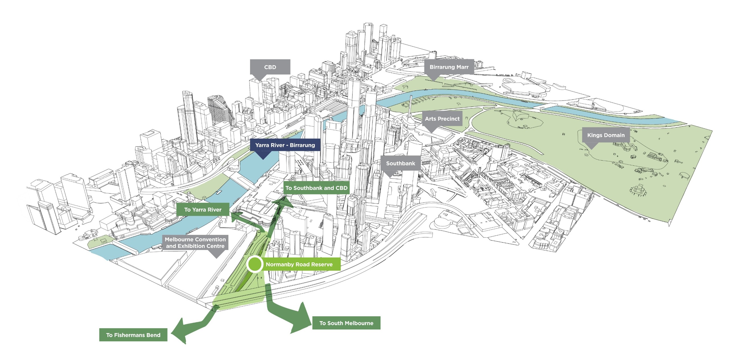 Illustration of location of Normanby Road Reserve in relation to the rest of the central city.