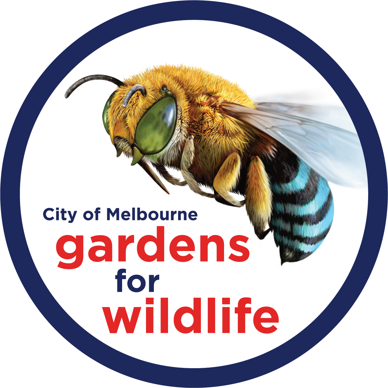 Illustration of a bee with the words 'City of Melbourne gardens for wildlife' and a navy circle