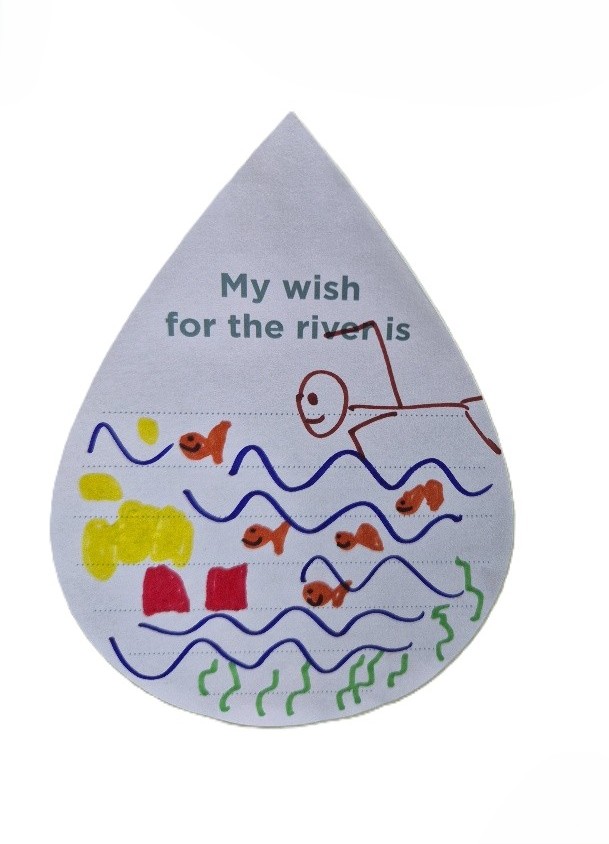 Child's drawing of a person swimming with fish.