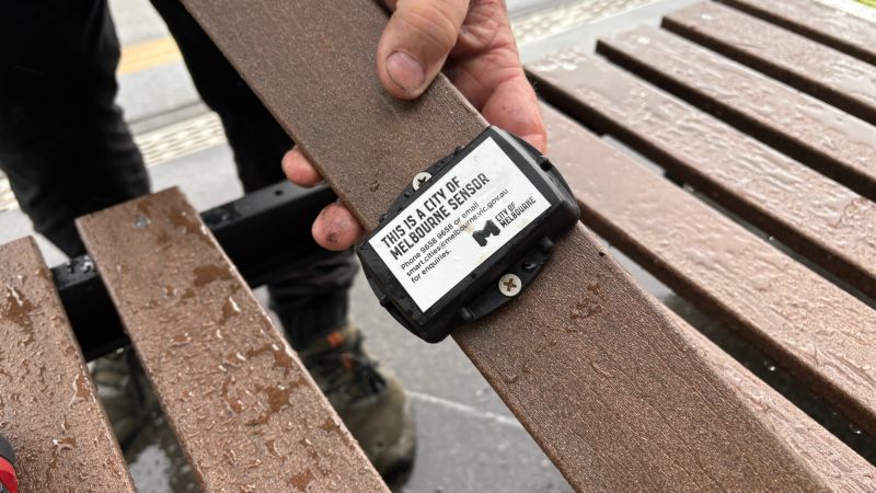 A seat usage sensor installed under a bench to help us understand how often the bench is used.