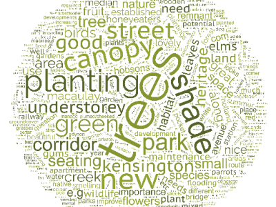 A word cloud that shows the most common words used to describe Kensington's urban forest. The words are a variety of sizes. The largest words show the words used most often.