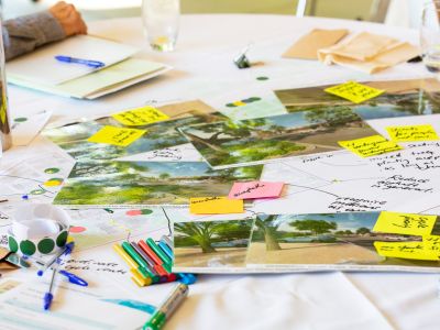 Photos on a table with pens, stickers and post it notes. 
