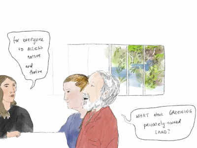 A cartoon representation of participants at the workshop in conversation. There are word bubbles with a variety of comments.