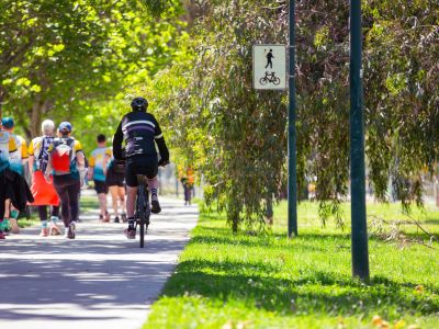 Pedestrians and cyclists on a shared path through a leafy park. 