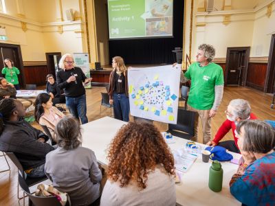 A photo from the Kensington workshop showing participants discussing the mapping group activity with workshop facilitators. 